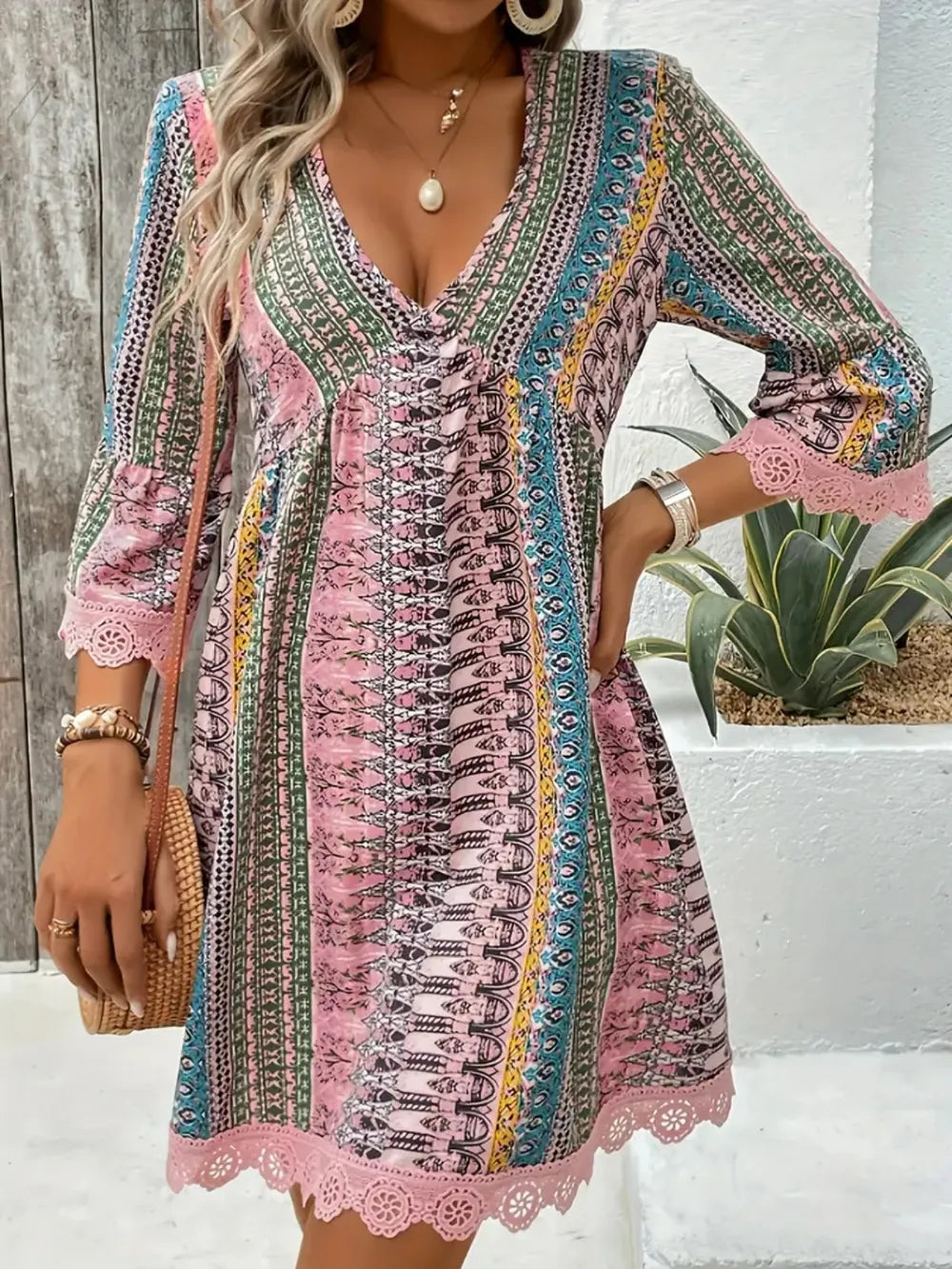 Lace-Trim Printed V-Neck Dress