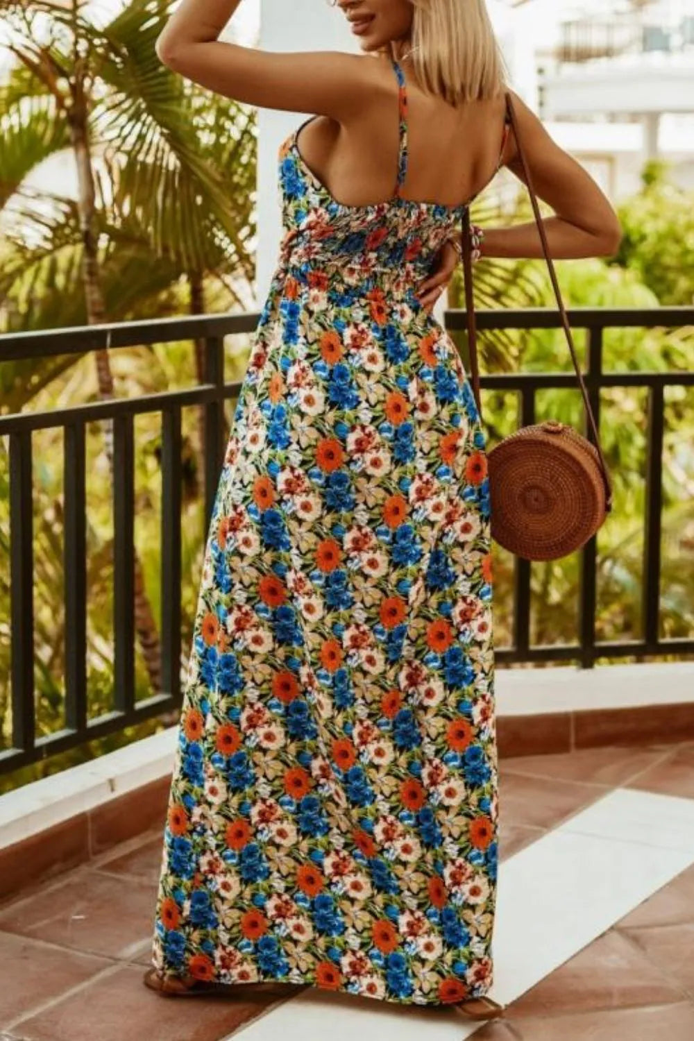 Smocked Spaghetti-Strap Printed Maxi Dress