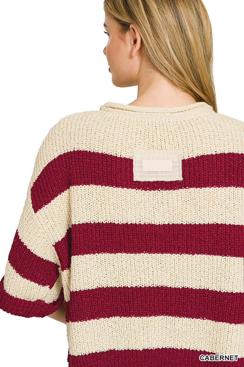 Zenana Split Neck Striped Sweater in Cabernet