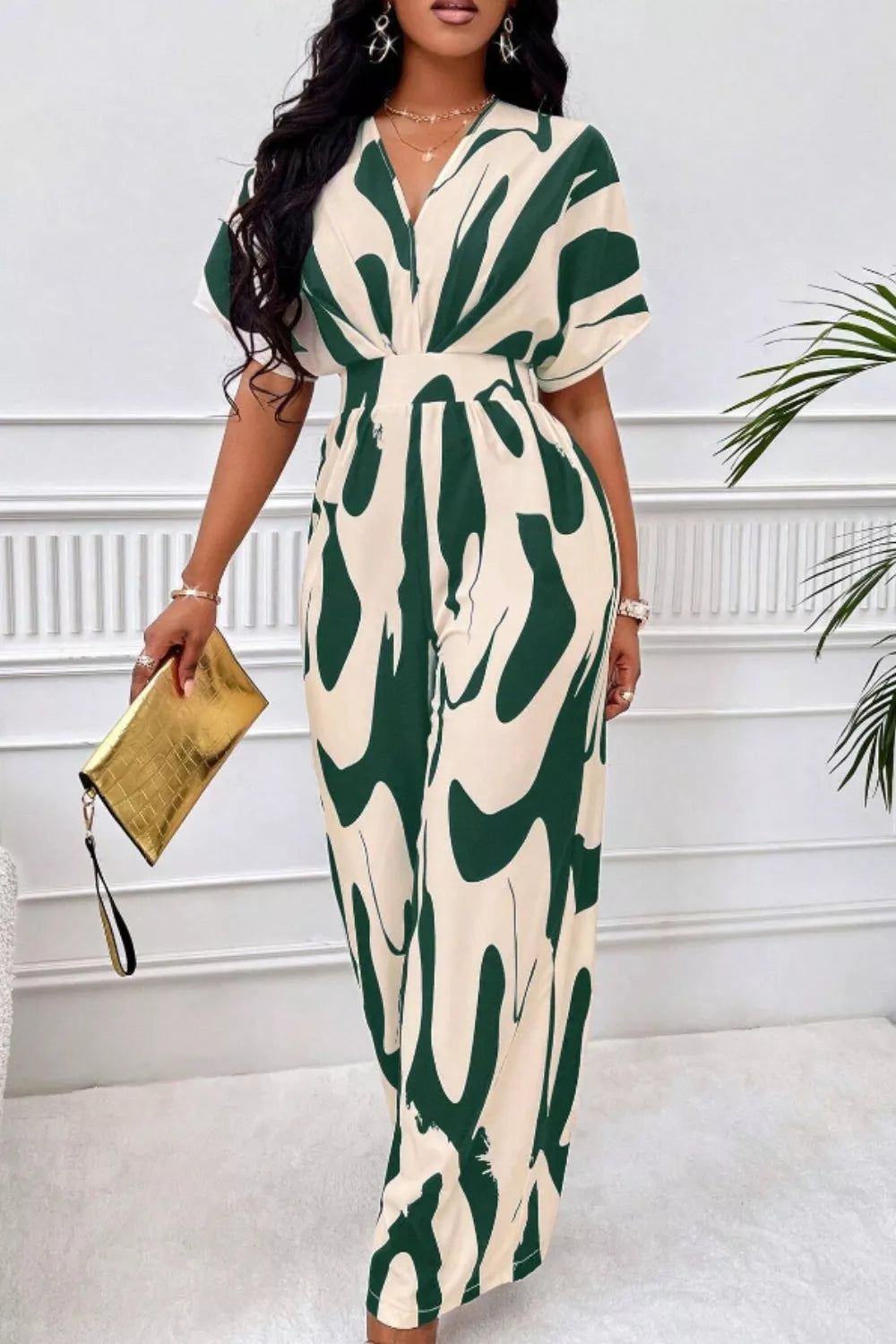 Printed V-Neck Wide Leg Jumpsuit
