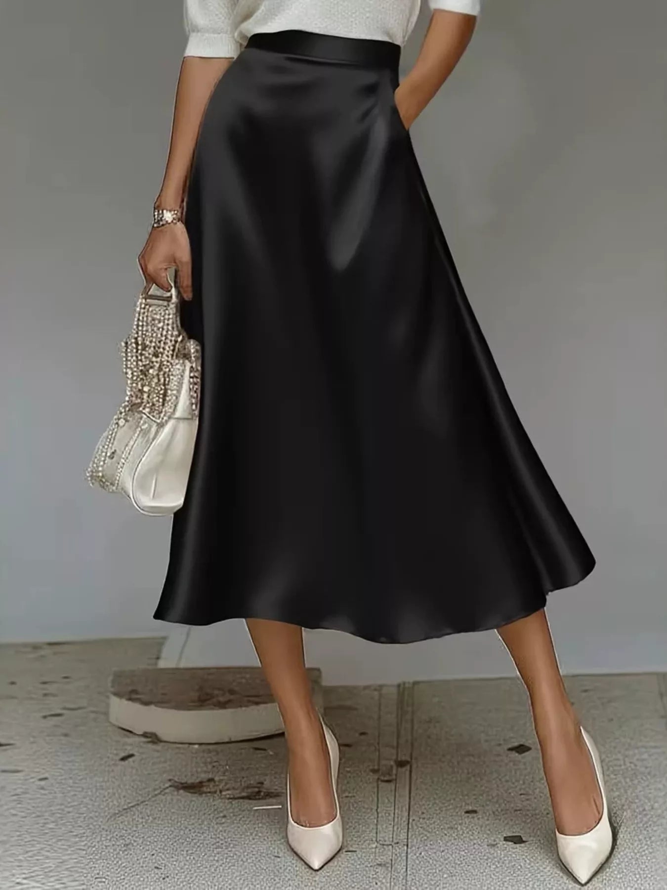 Satin Midi Skirt with Pockets