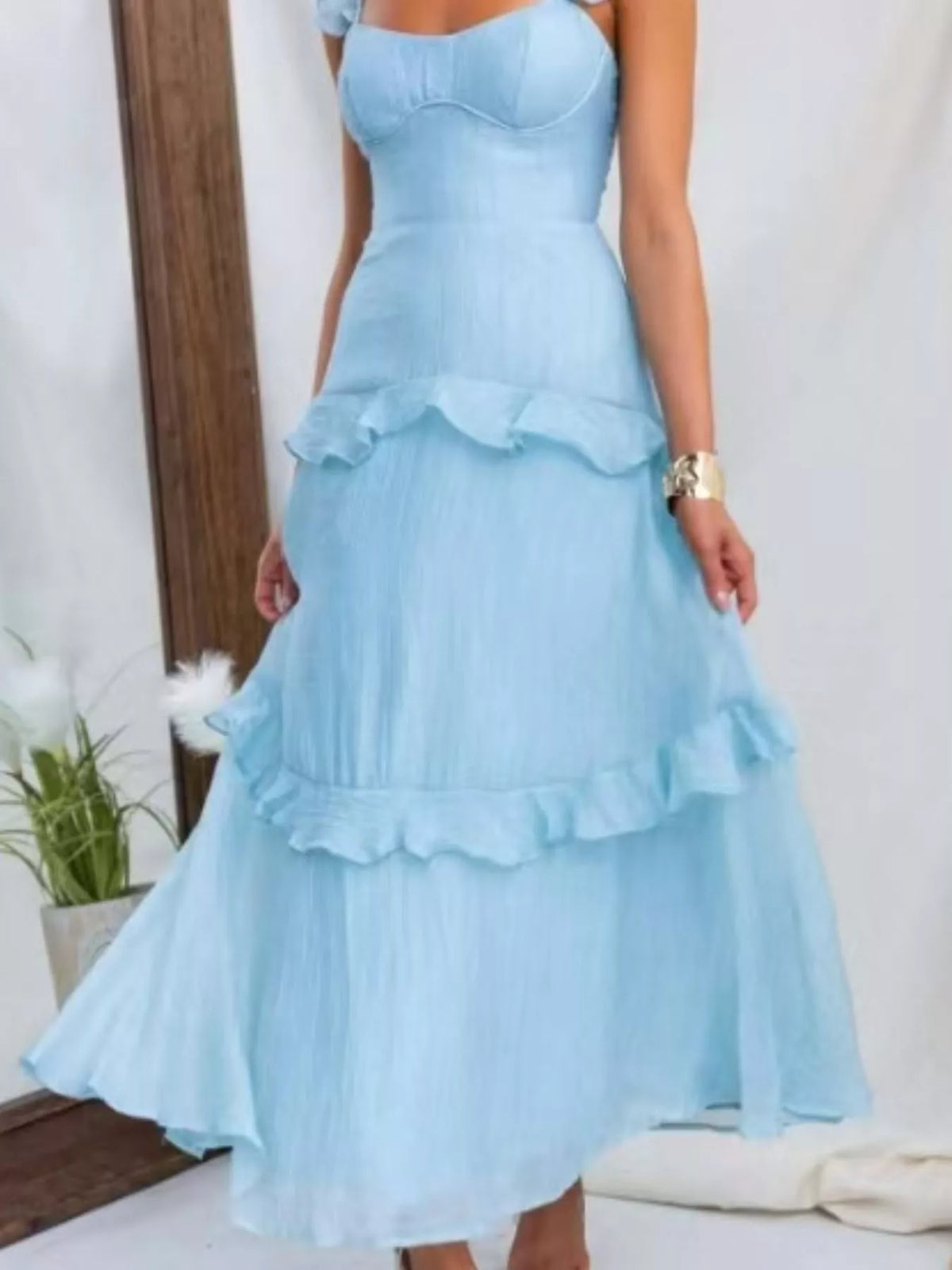 Ruffled Lace-Up Back Maxi Dress in Aqua