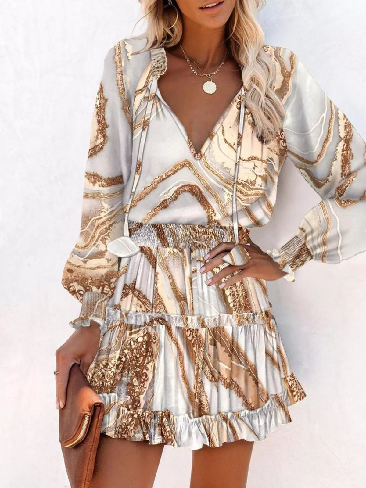 Tie-Neck Lantern Sleeve Dress with Tiered Ruffles