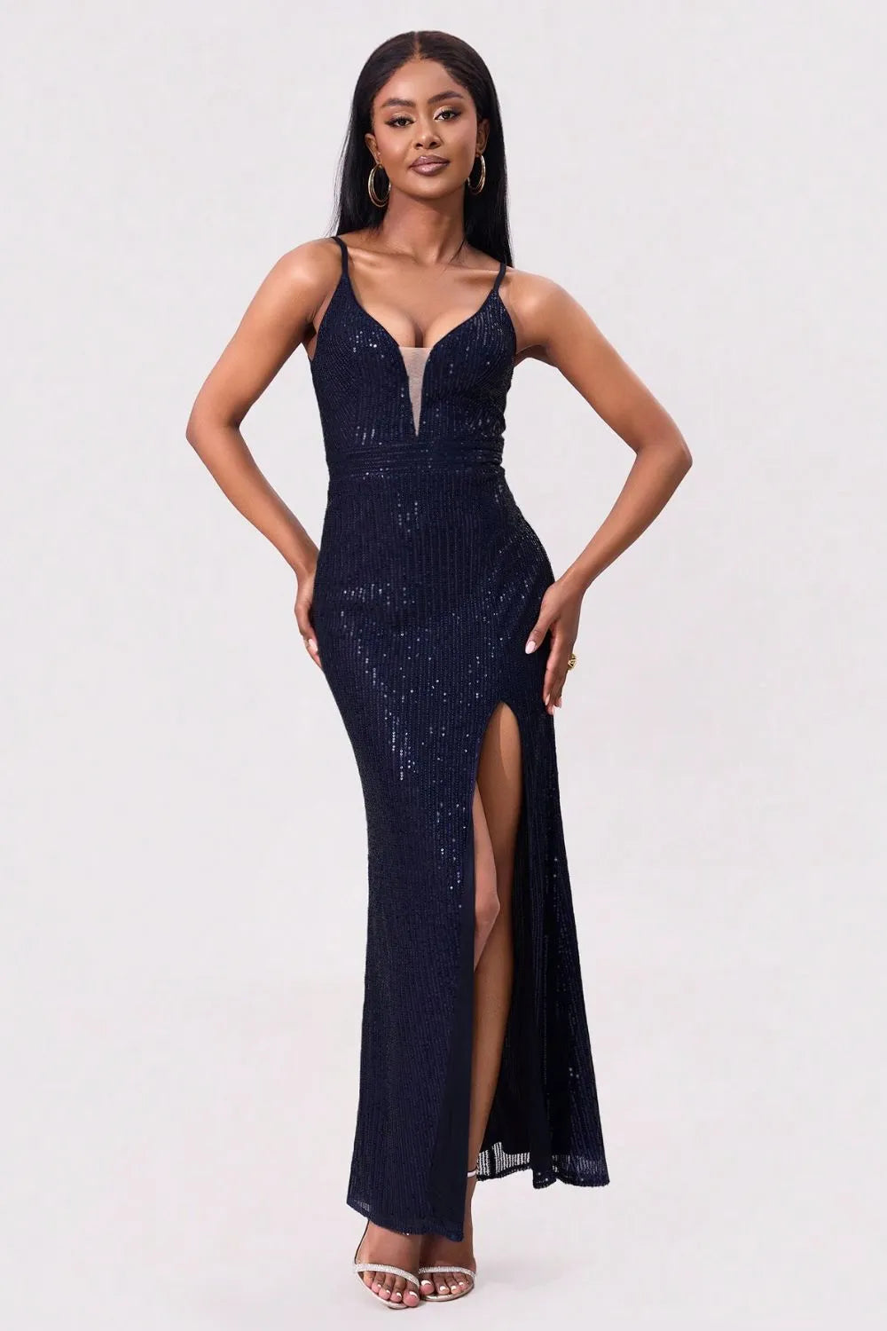 Sequin Backless Maxi Dress in Navy by Jubilair