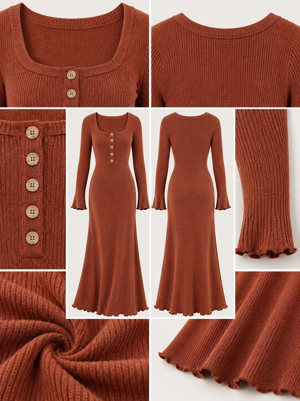 Button-Front Ribbed Knit Maxi Dress