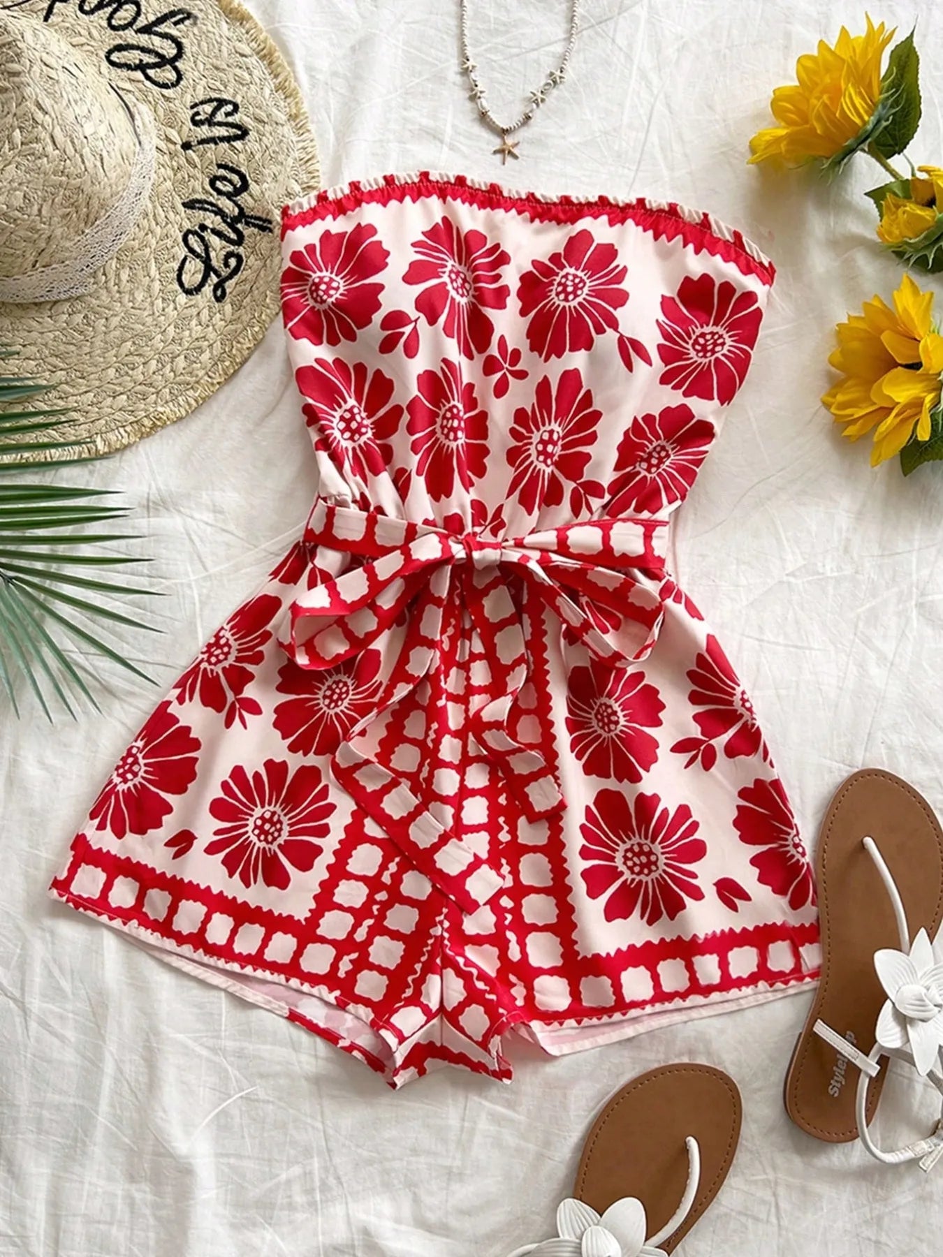 Printed Tube Tie-Waist Romper