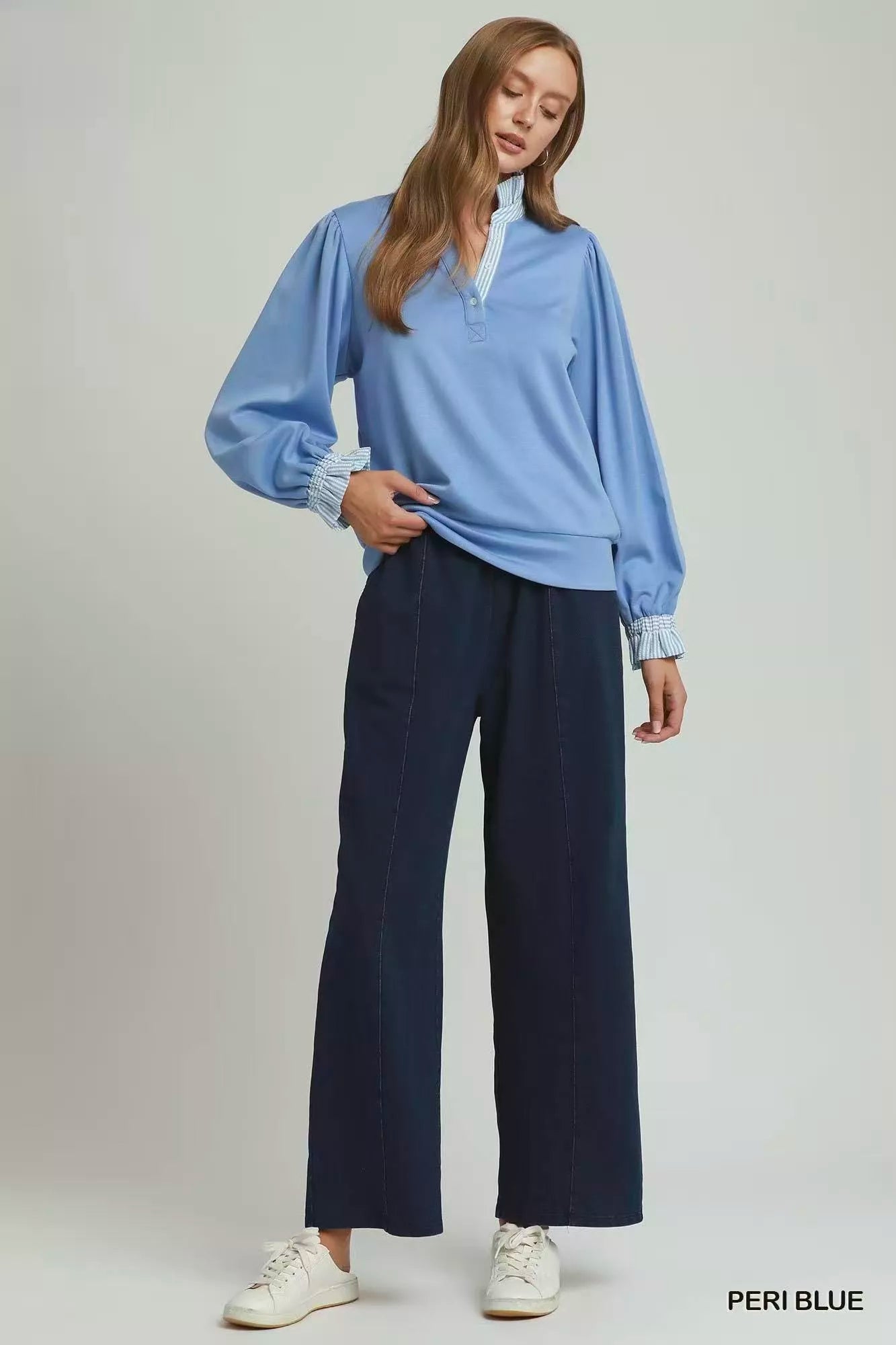 Umgee Striped Ruffle Neck Top in Peri Blue