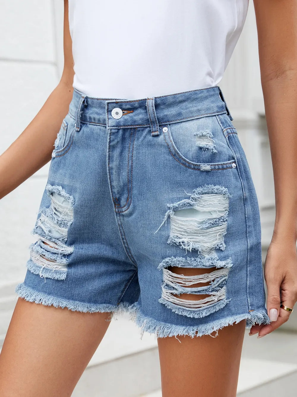 Raw Hem Distressed Denim Shorts by Manny