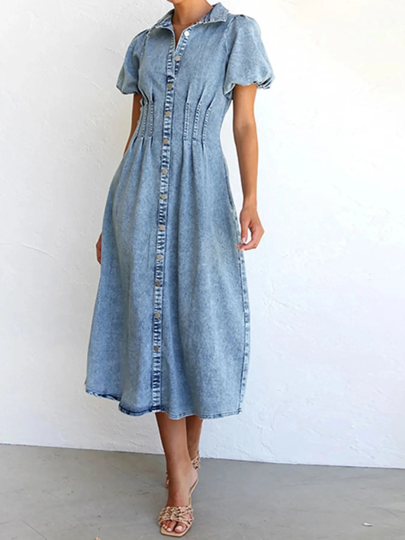 Puff Sleeve Button-Front Denim Midi Dress in Blue