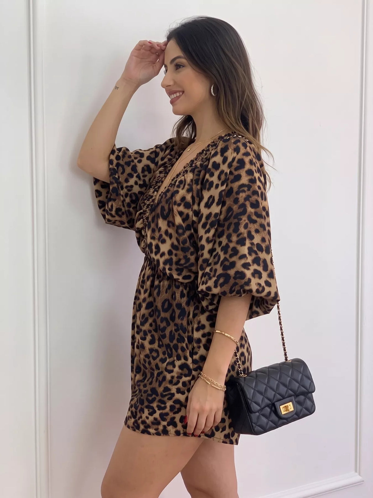 Leopard Print V-Neck Puff Sleeve Romper