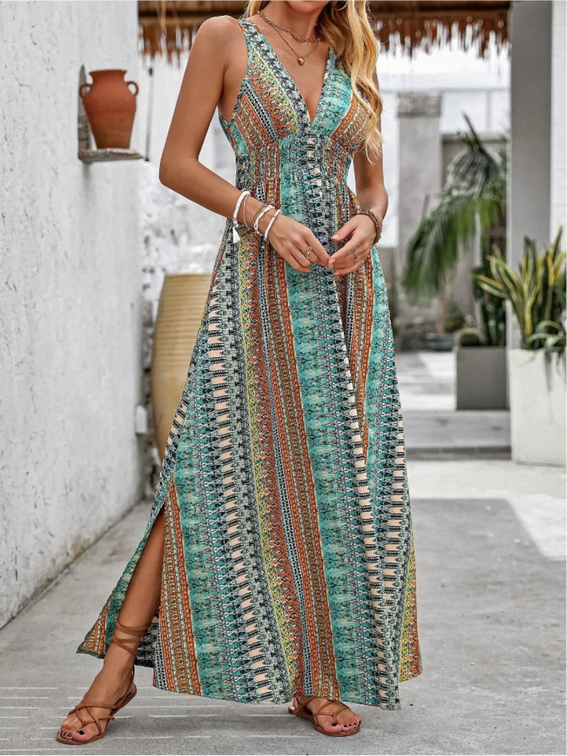 Tied-Back Printed Maxi Slit Dress