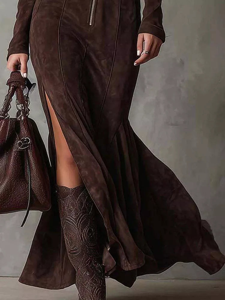 Belted Zip-Front Slit Maxi Dress