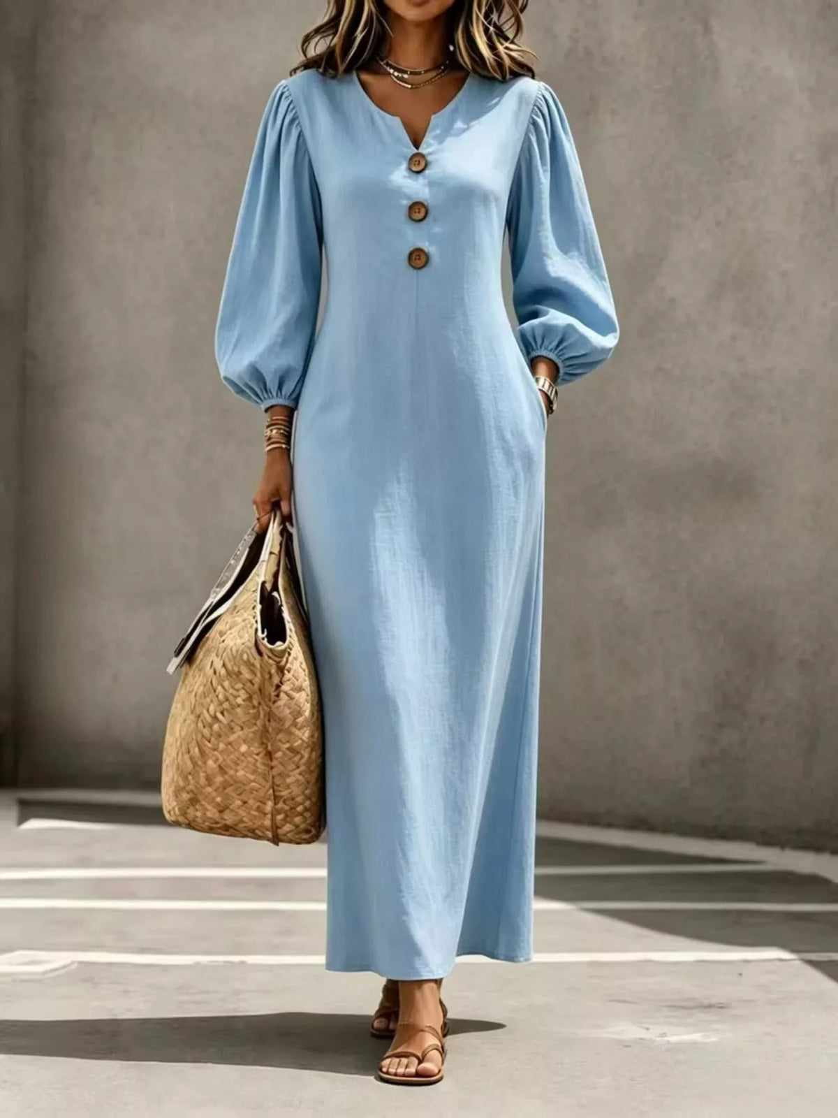 Button Balloon Sleeve Maxi Dress