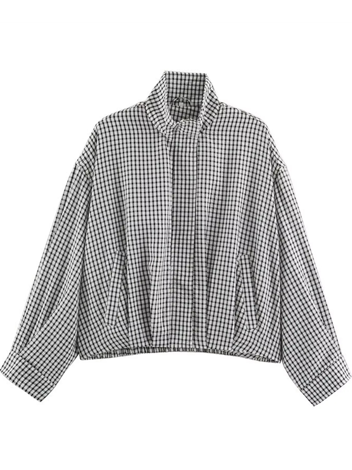 Plaid Stand-Collar Cropped Jacket