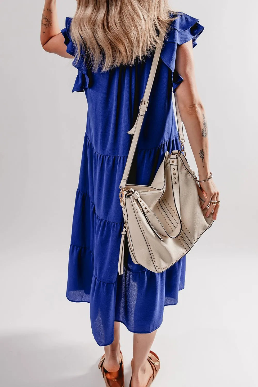 Ruffled Collared Tiered Midi Dress in Light Indigo