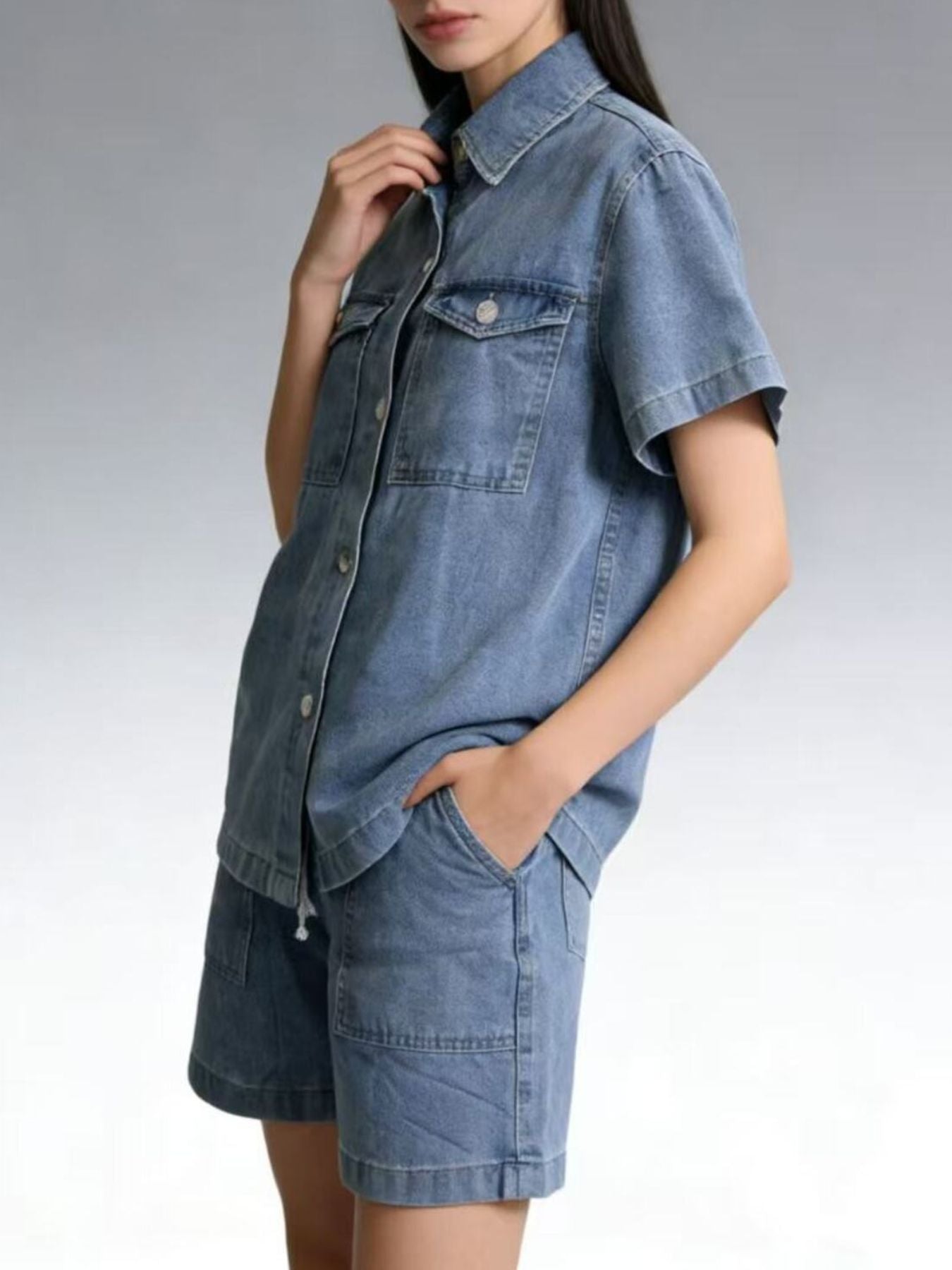 Button Up Short Sleeve Top and Shorts Denim Set by Dreamy Drapes