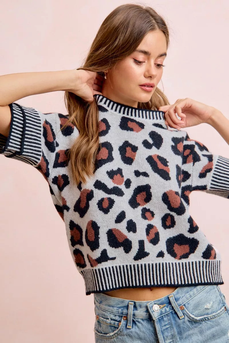 Two-Tone Double Sleeve Knit Top in Leopard by BiBi