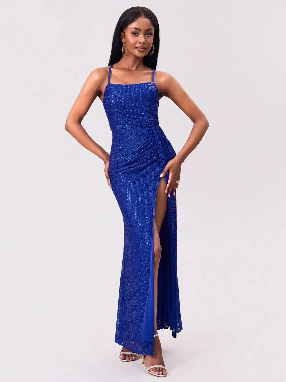 Square Neck Sequin Slit Dress in Royal Blue by Jubilair
