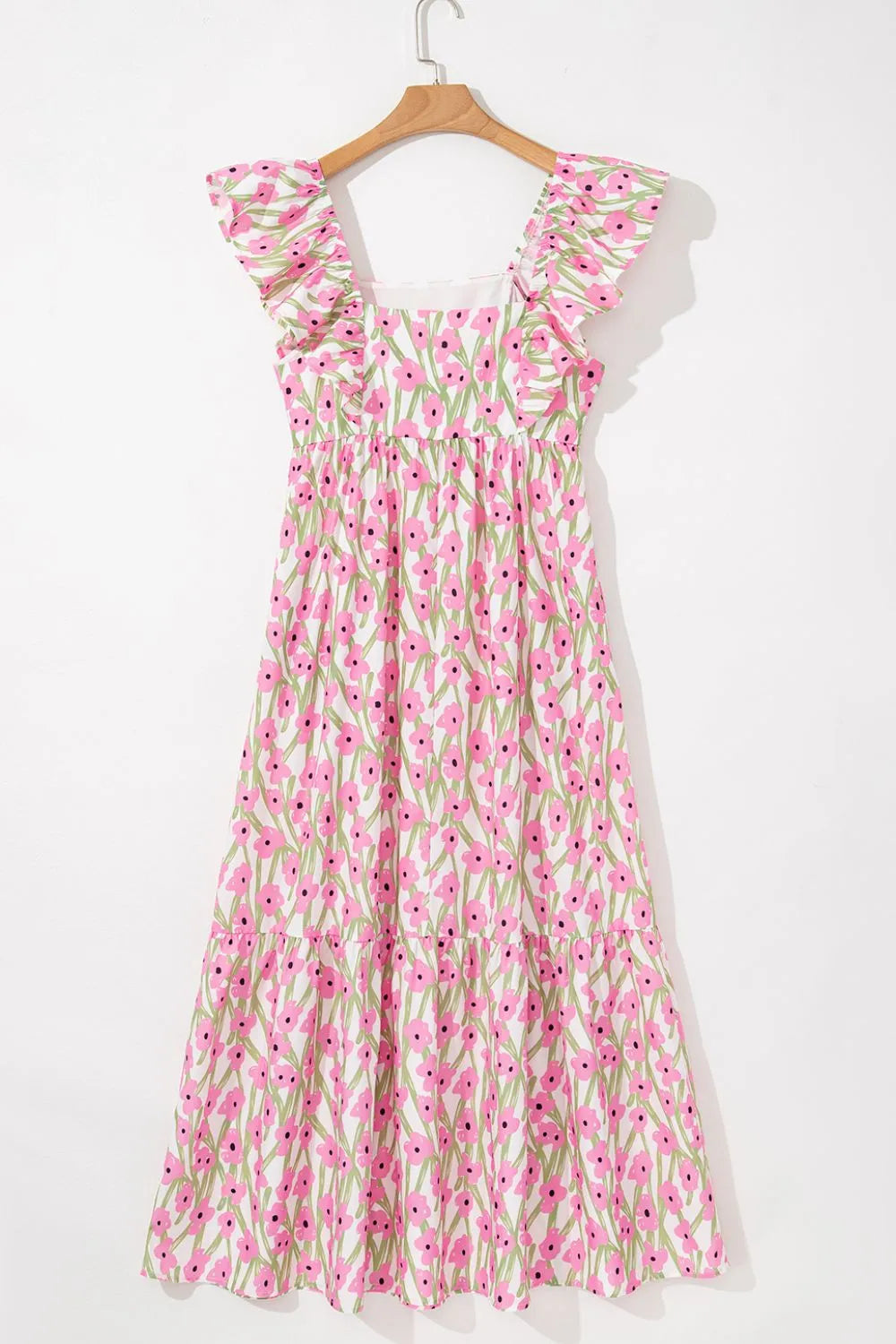 Floral Square Neck Ruffled Maxi Dress in Blush Pink