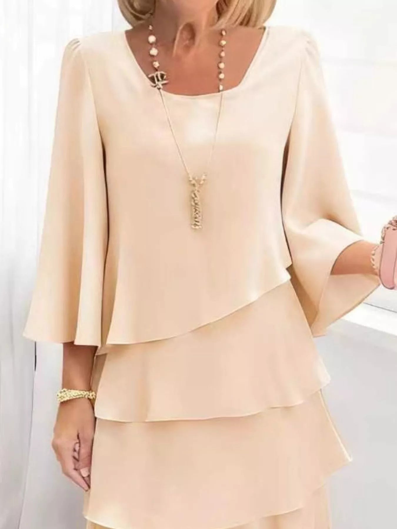 Ruffled Layered 3/4-Sleeve Dress, Plus Size