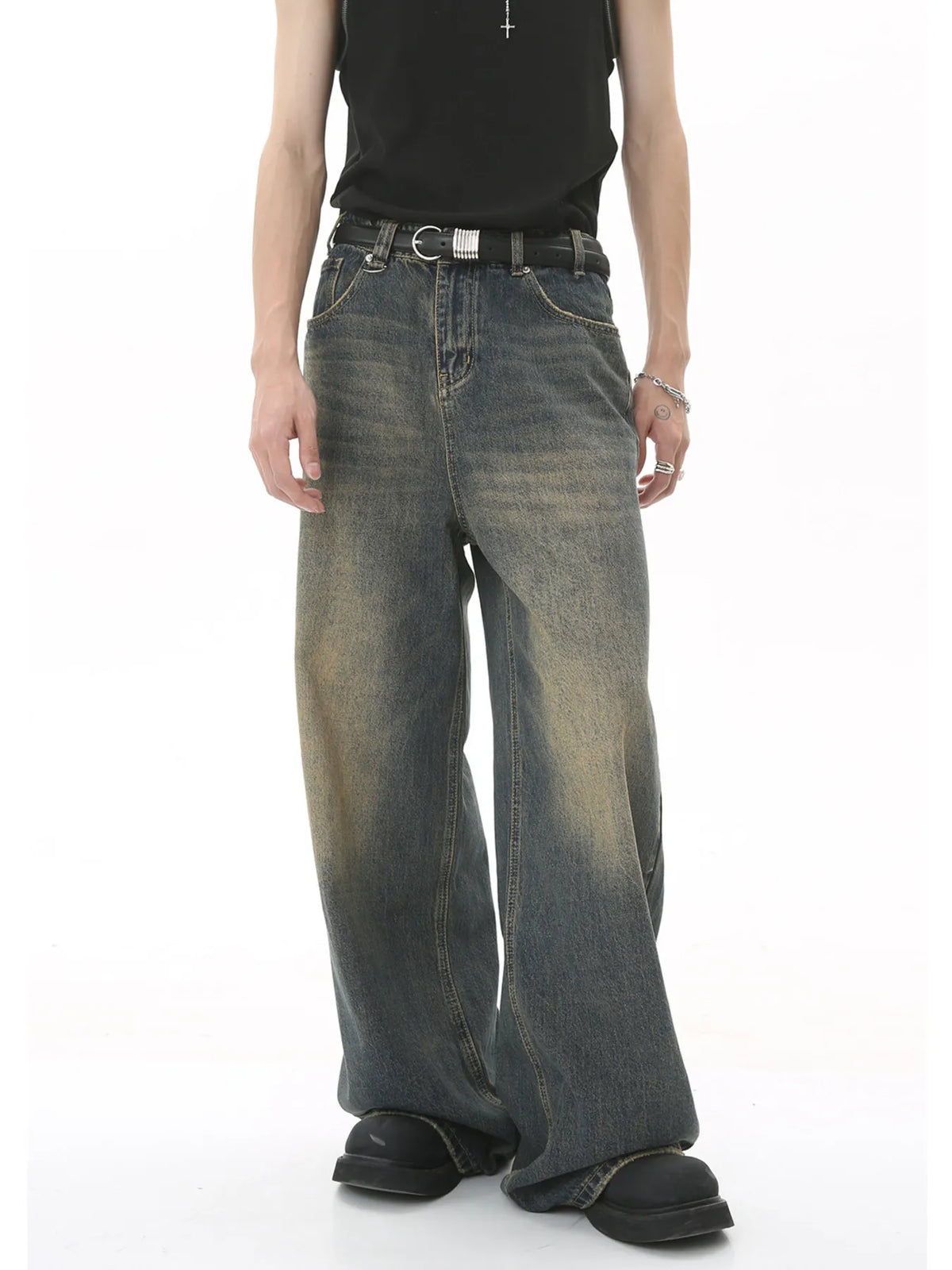 Vintage Wash Wide Leg Jeans in Dark Blue by Firm Stand
