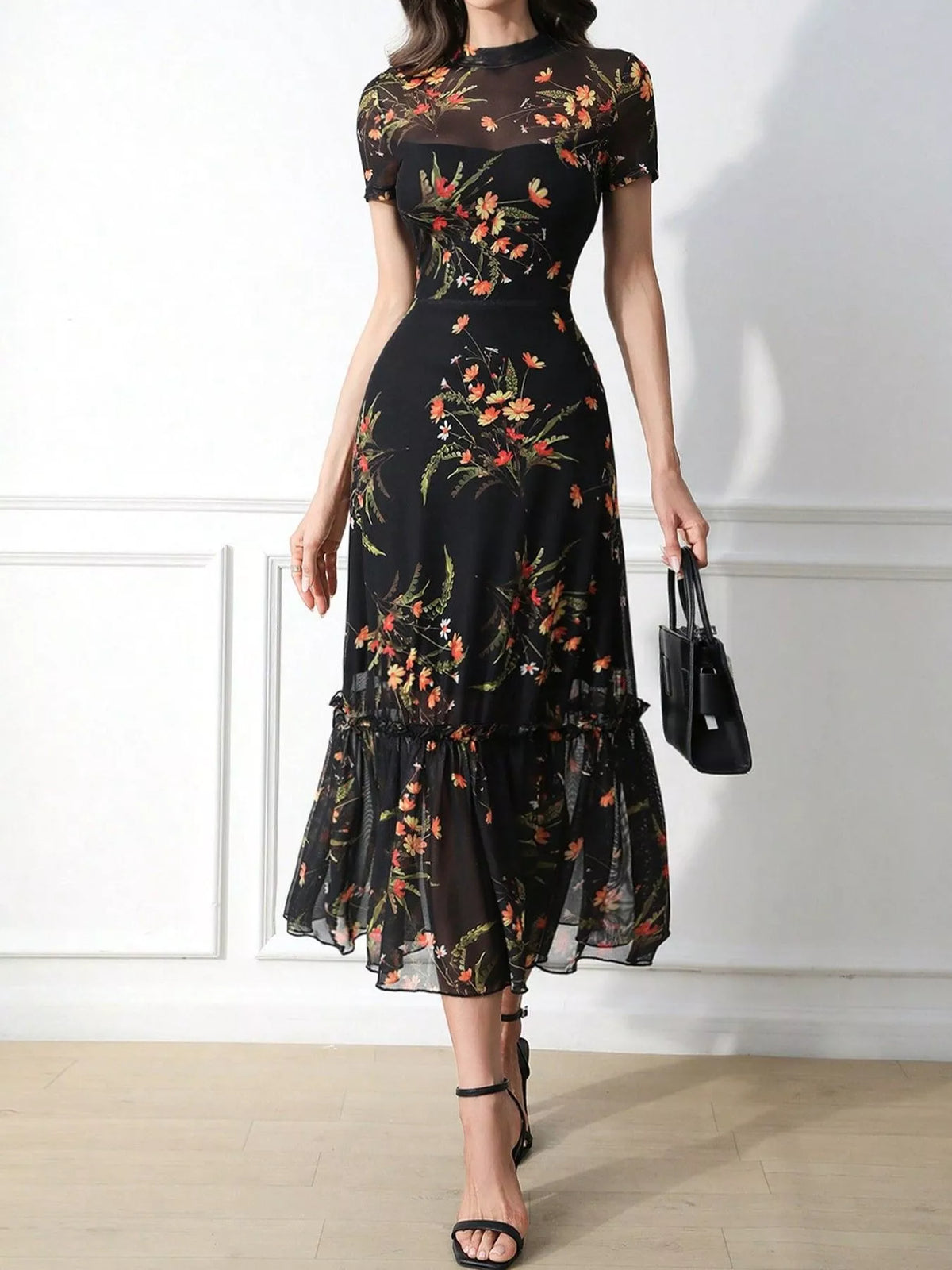 Floral Sheer Overlay Midi Dress in Black