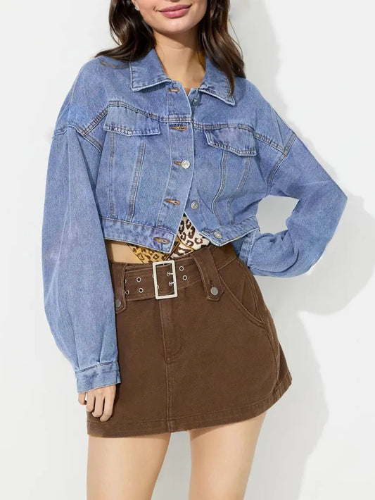 Collared Dropped-Shoulder Cropped Denim Top in Medium Wash