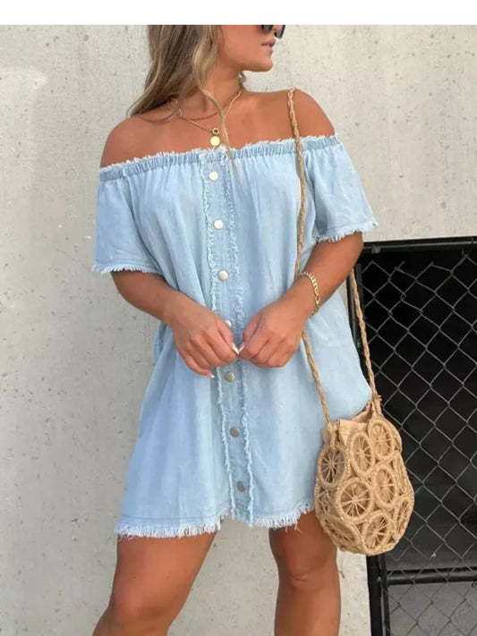 Off-Shoulder Button-Down Frayed Denim Dress