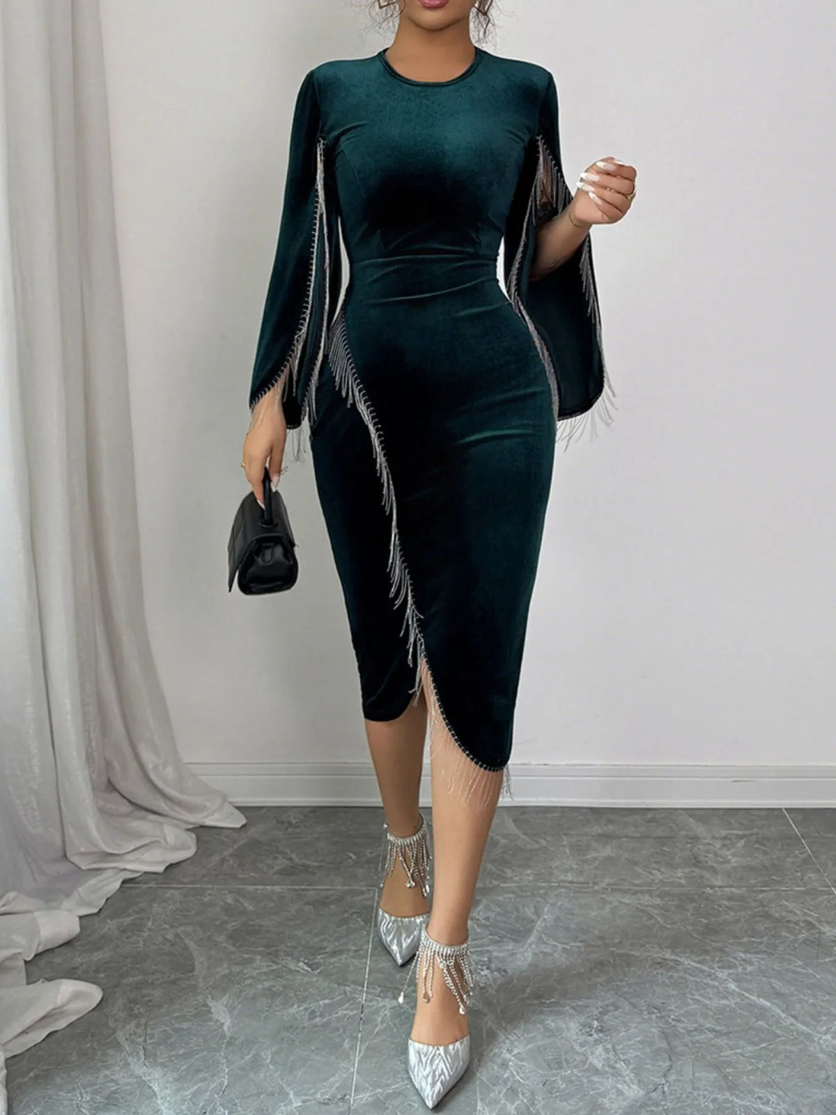 Round Neck Slit-Sleeve Dress in Dark Green
