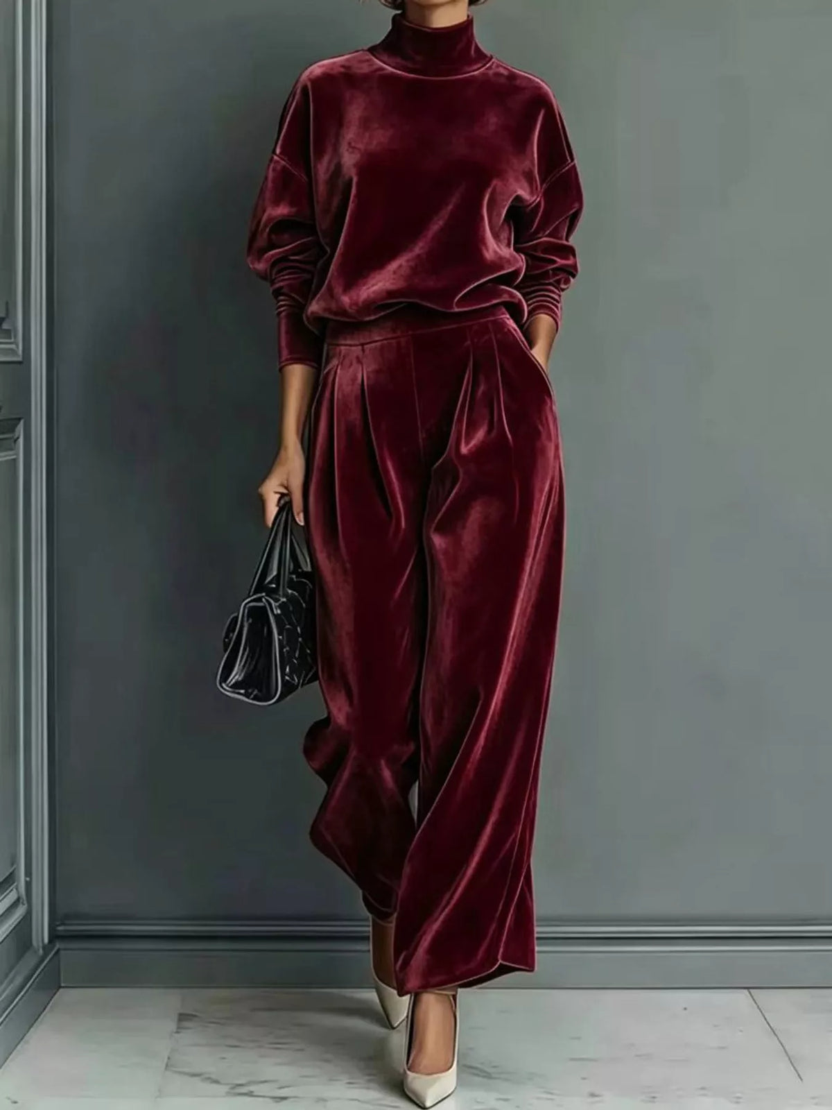 Velvet Mock Neck Top and Wide-Leg Pants Set