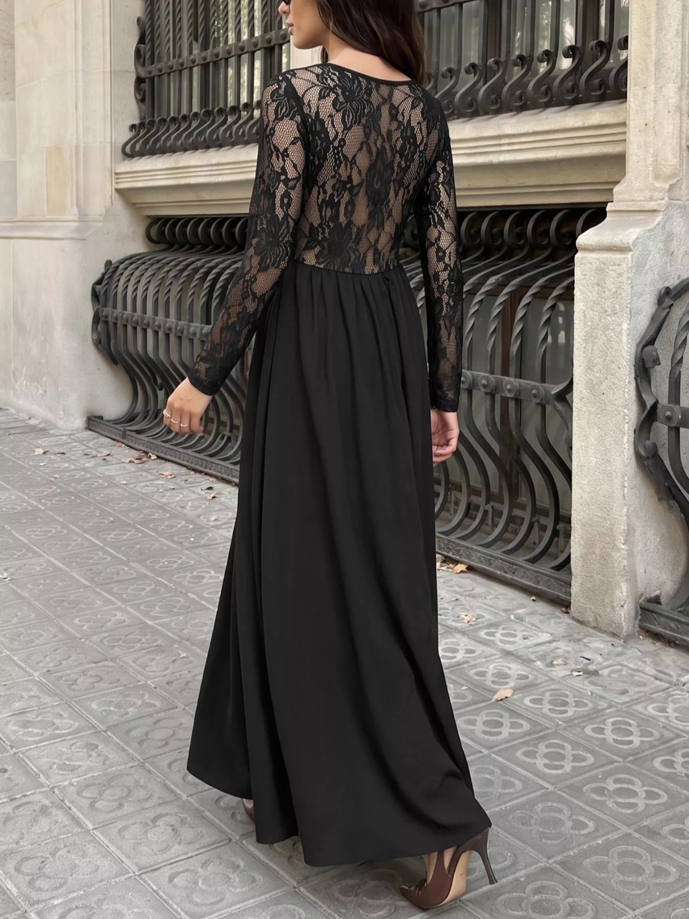 Square Neck Sheer Sleeve Maxi Dress in Black