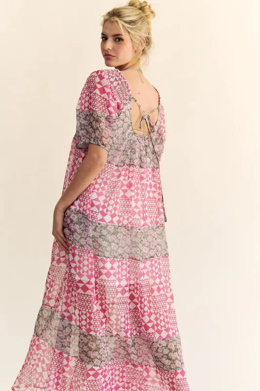 Multi Floral Square Neck Puff Sleeve Maxi Dress in Indian Pink