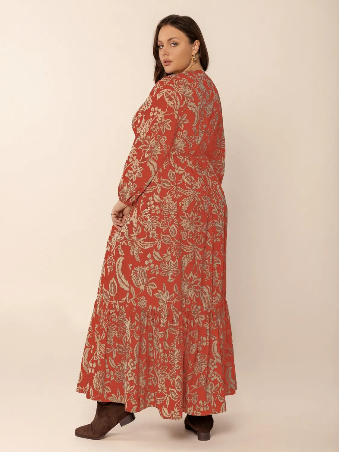 Ruched Lace Detail Midi Dress in Orange-Red