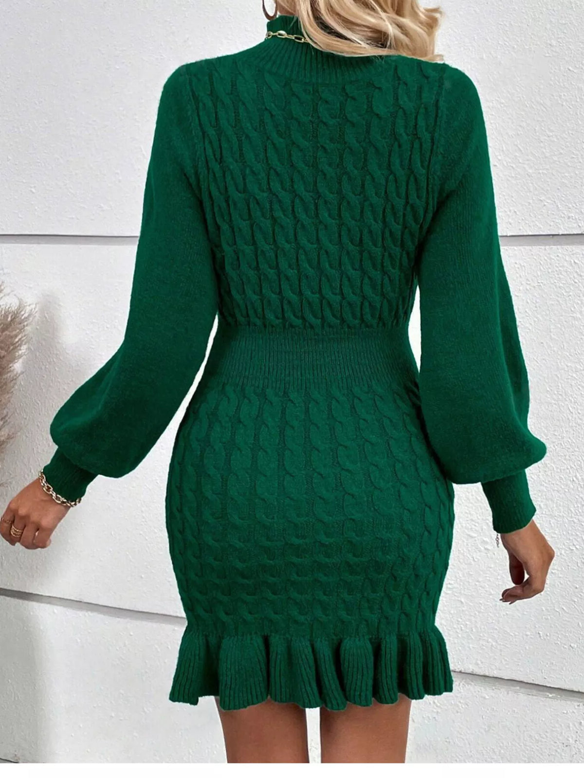 Cable Knit Mock Neck Ruffle Hem Sweater Dress