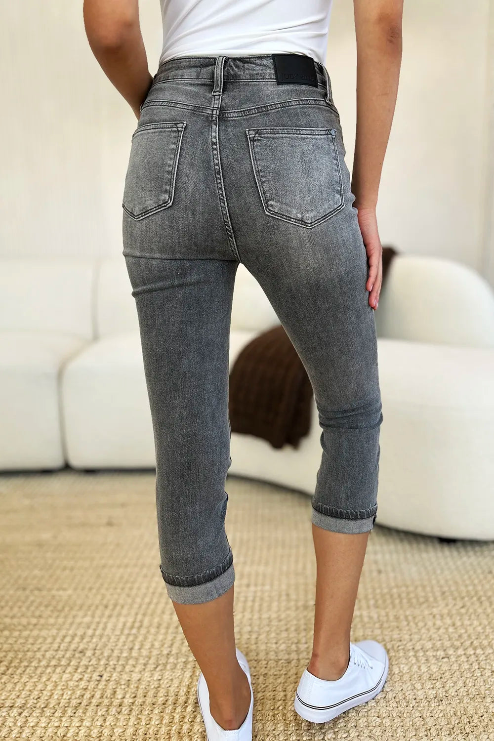 Judy Blue Button Fly High Waist Cuffed Capris in Gray