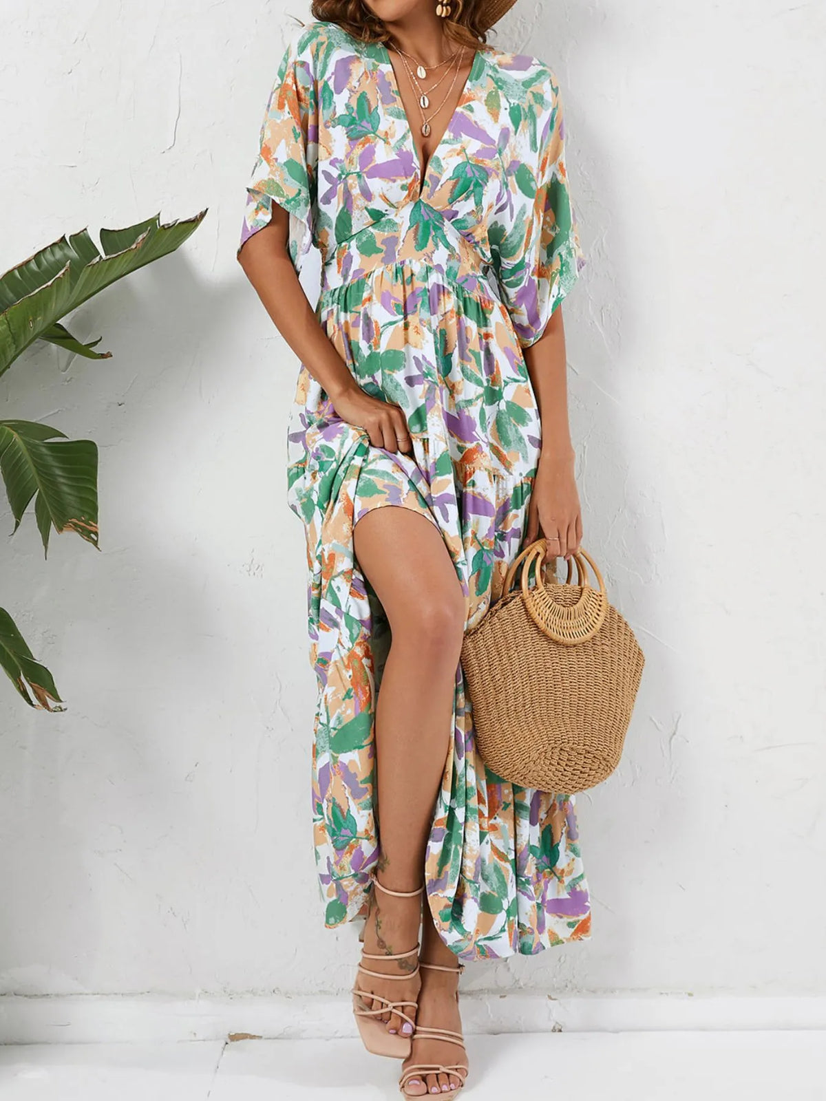 Floral Print V-Neck Boho Midi Dress in Gum Leaf