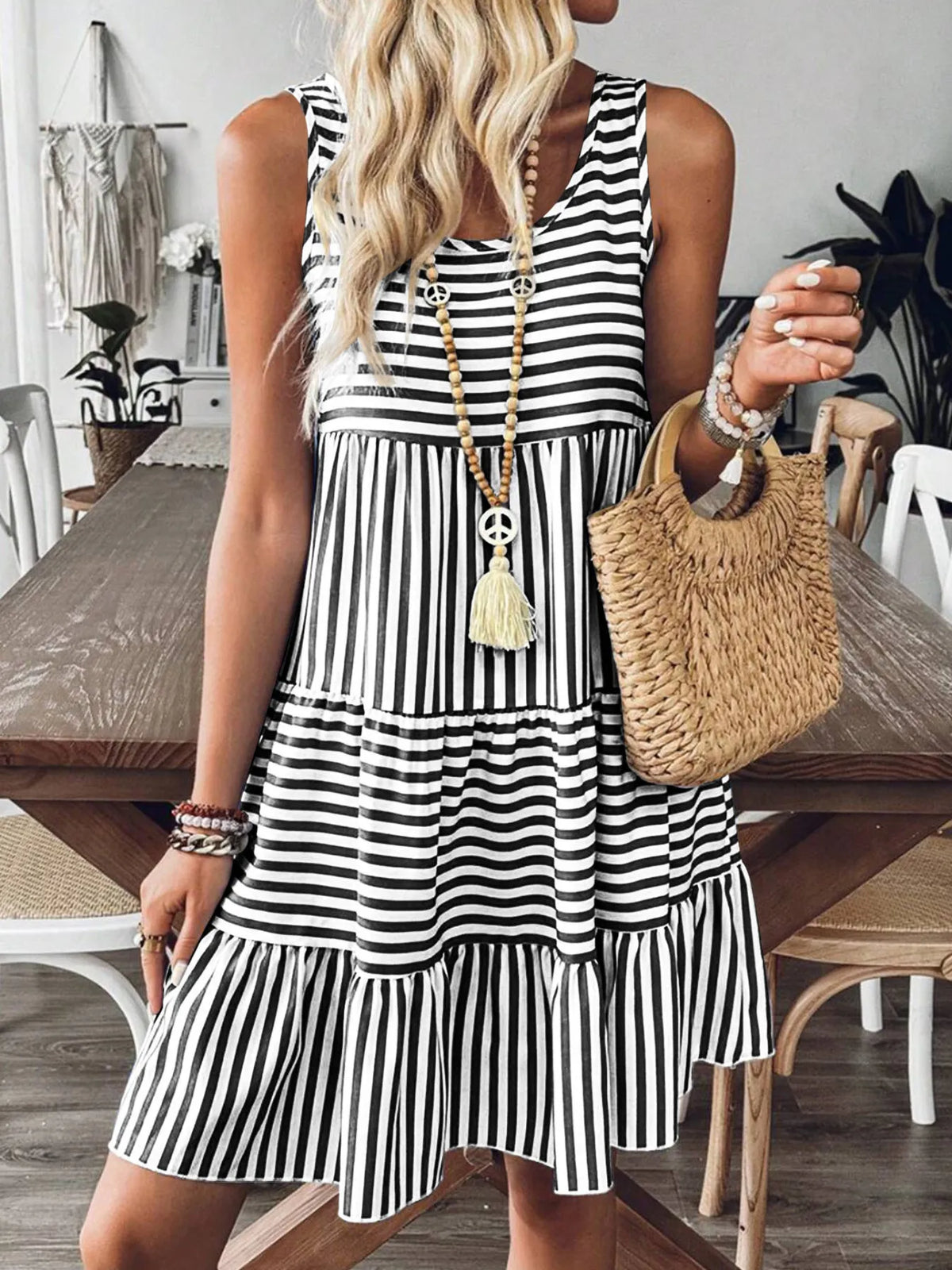 Striped Tiered Ruffle Tank Dress in Blue