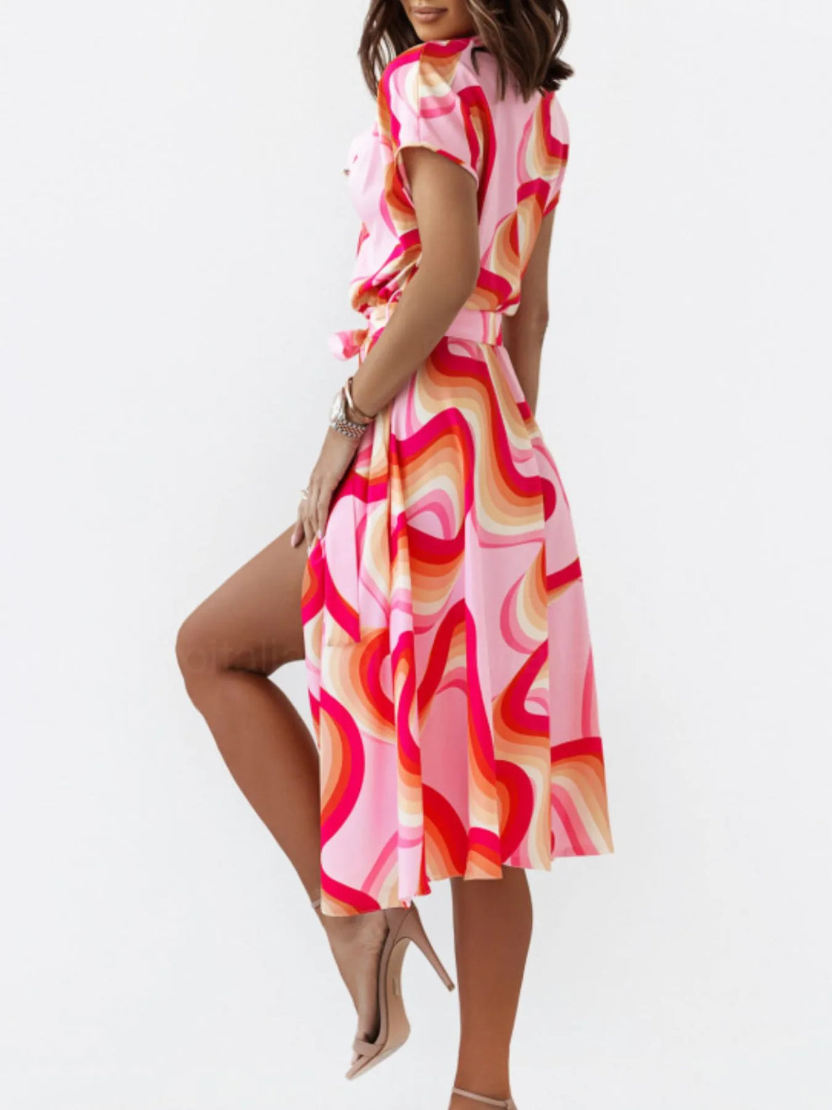 Printed Button-Front Midi Dress with Belt