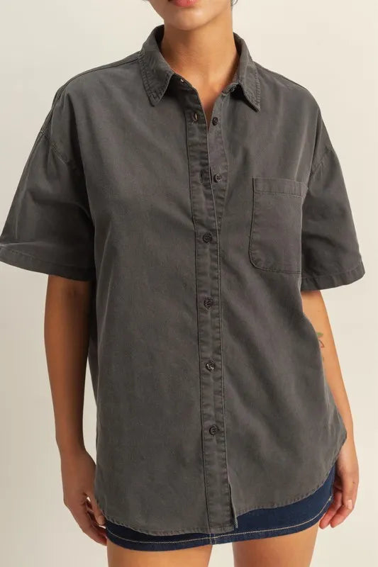 Hyfve Short Sleeve Button-Down Oversized Shirt in Black