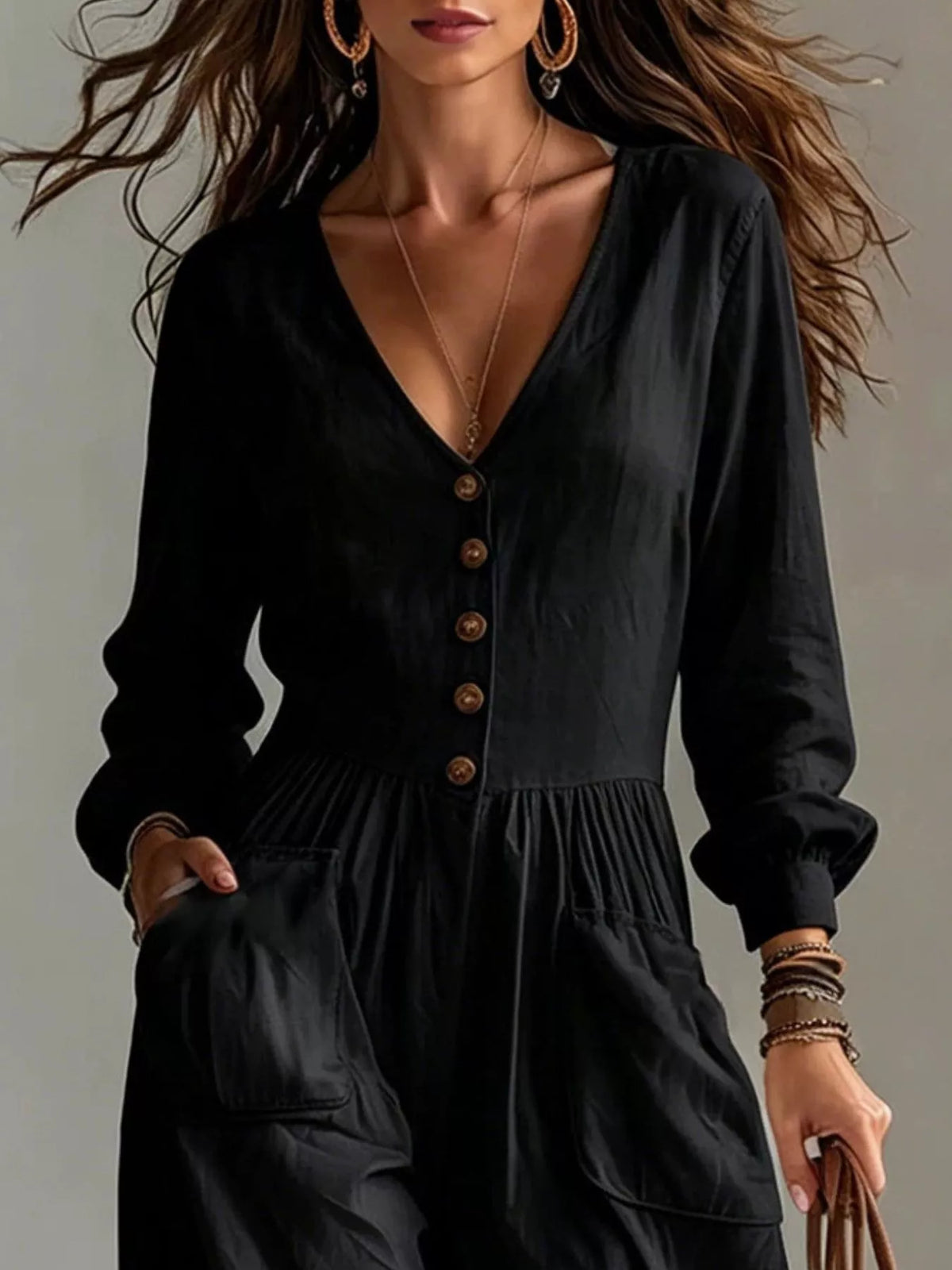 V-Neck Button Front Wide-Leg Jumpsuit