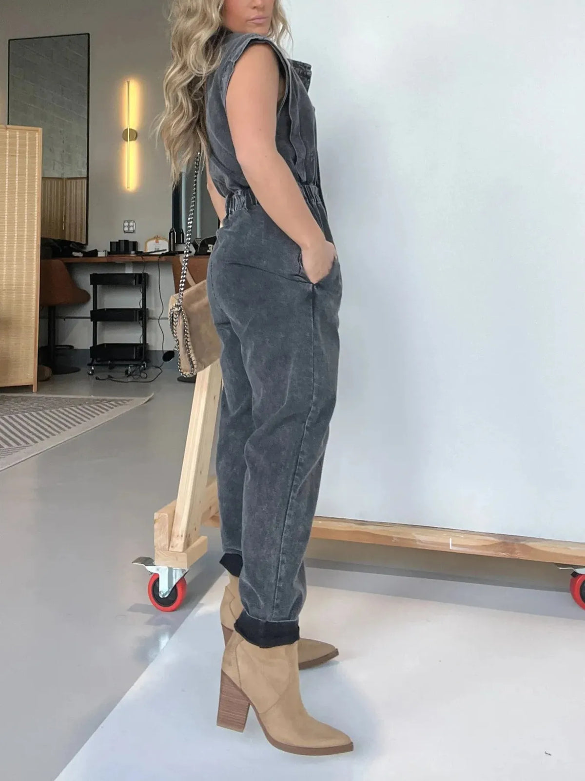 Button Front Cap Sleeve Denim Jumpsuit