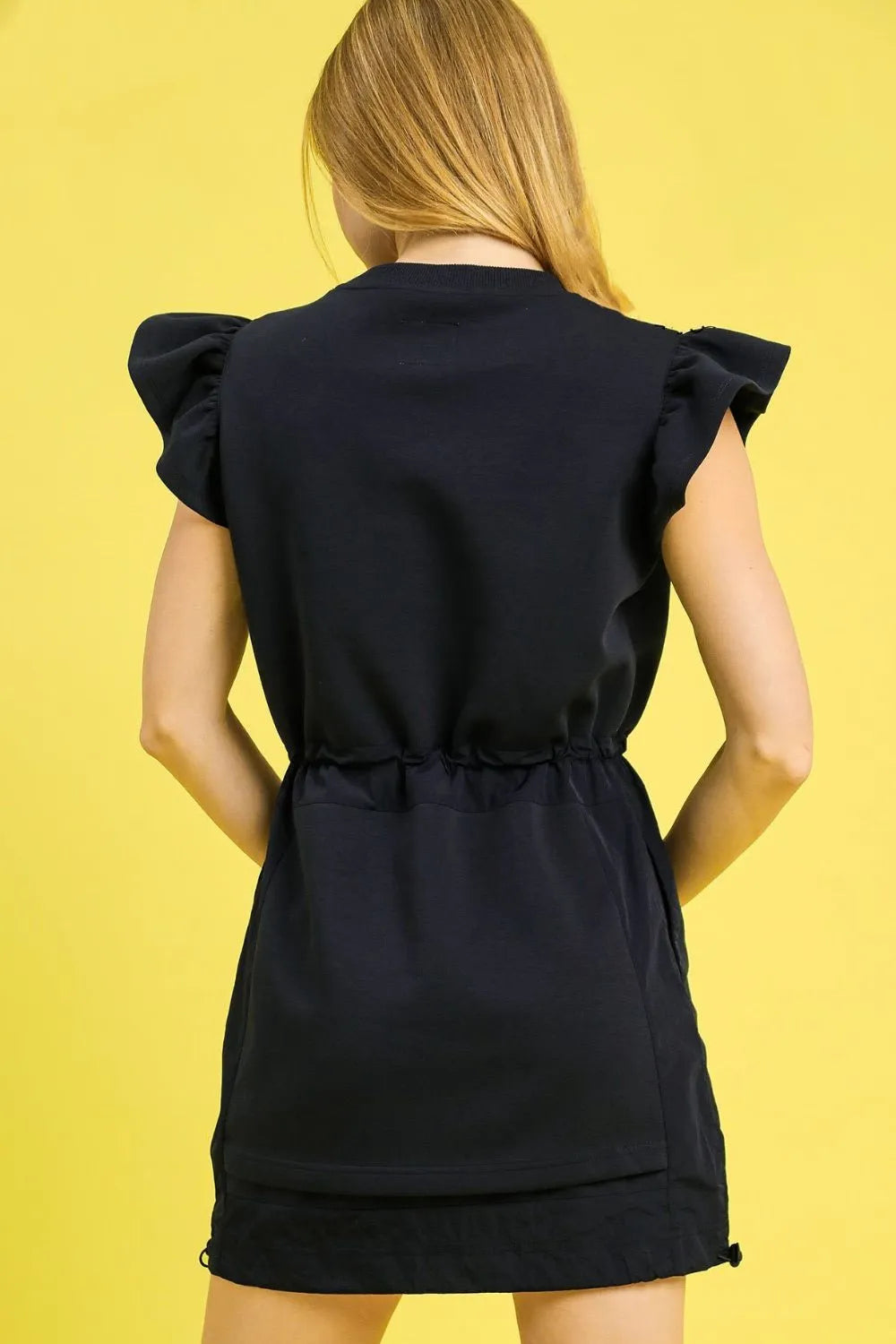 Umgee Ruffle Sleeve Drawstring Mini Dress in Dark Navy