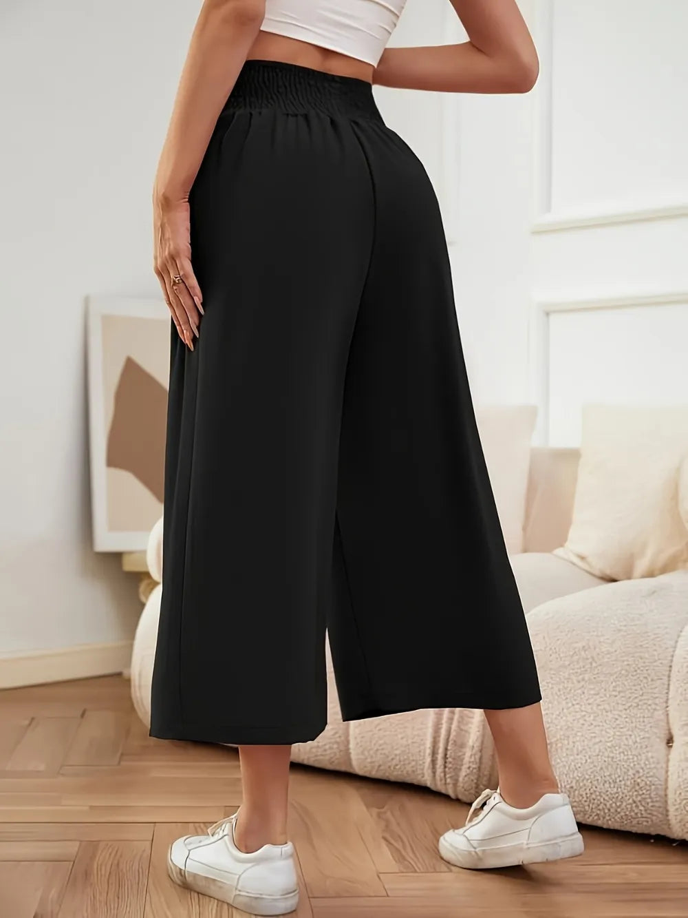Elastic Waist Wide Leg Pants in Black
