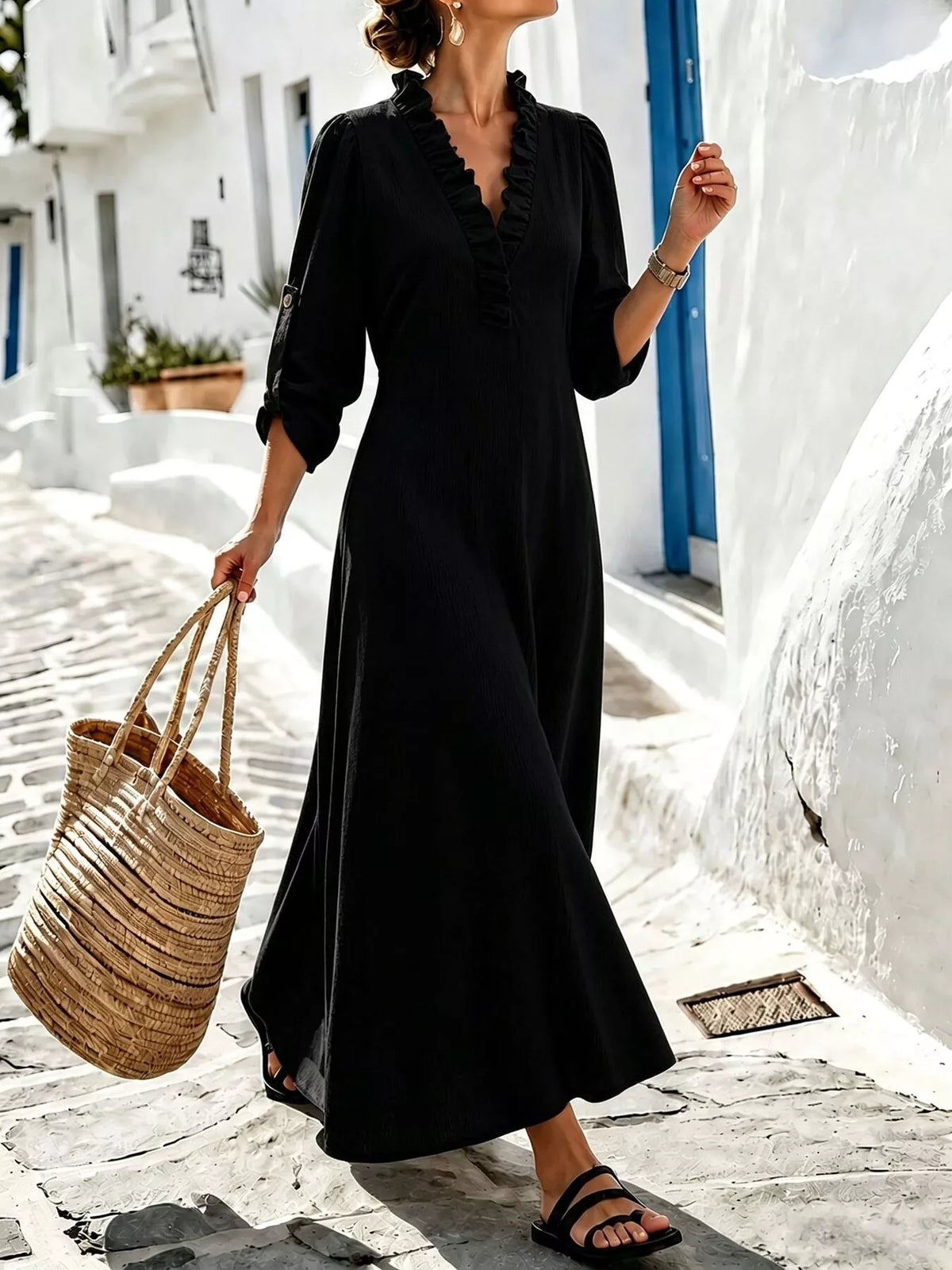V-Neck Ruffled Maxi Dress with Roll-Up Sleeves