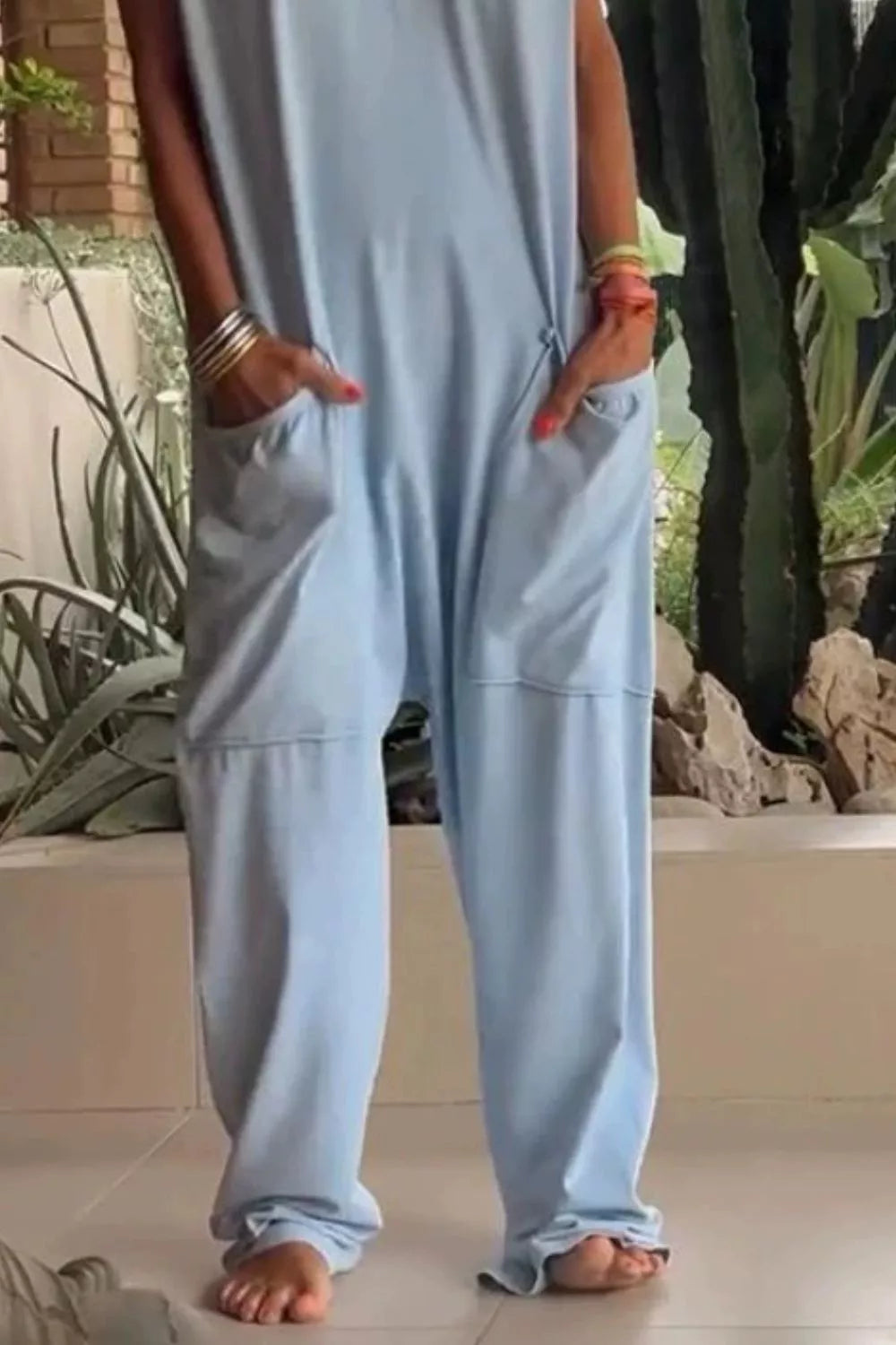 V-Neck Short Sleeve Jumpsuit with Pockets