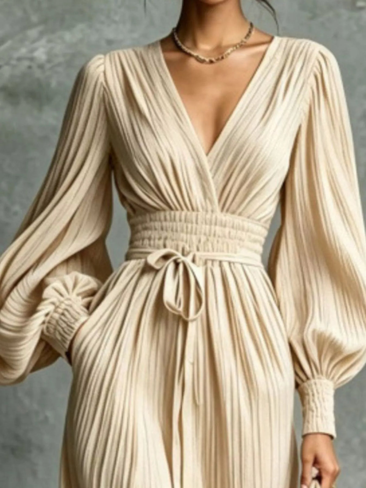 Pleated V-Neck Maxi Dress with Lantern Sleeves