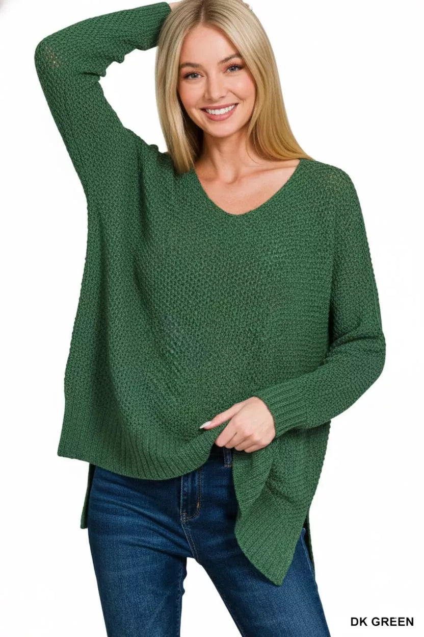 Zenana Dolman Sleeve V-Neck Sweater in Dark Green in Dk green