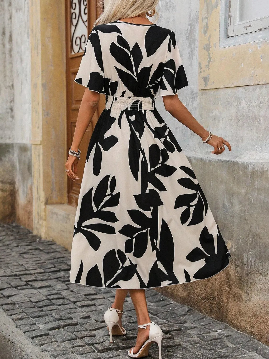 Surplice Short Sleeve Midi Dress in Black