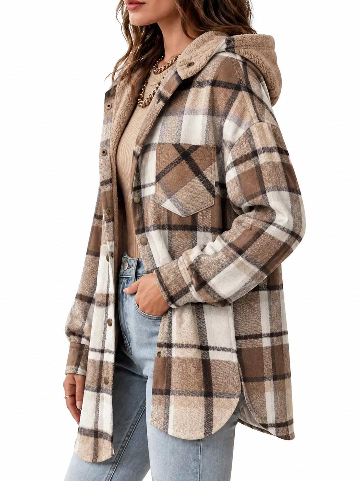 Plaid Hooded Button-Up Jacket