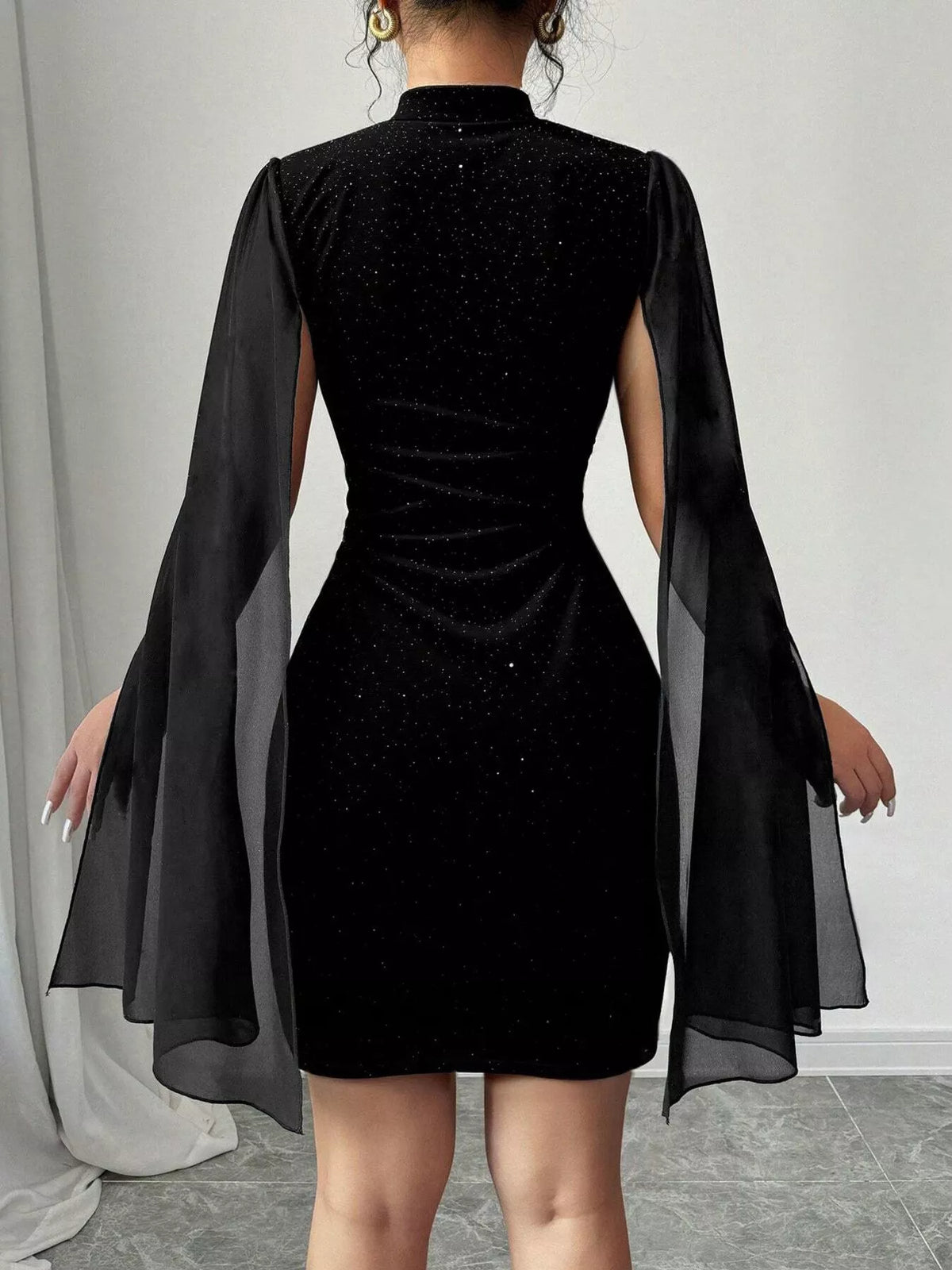 Glitter Mesh Slit Sleeve Bodycon Mini Dress in Black